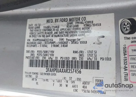 2010 Ford Fusion Sel z USA, uszkodzony, nr VIN 3FAHP0JAXAR357456